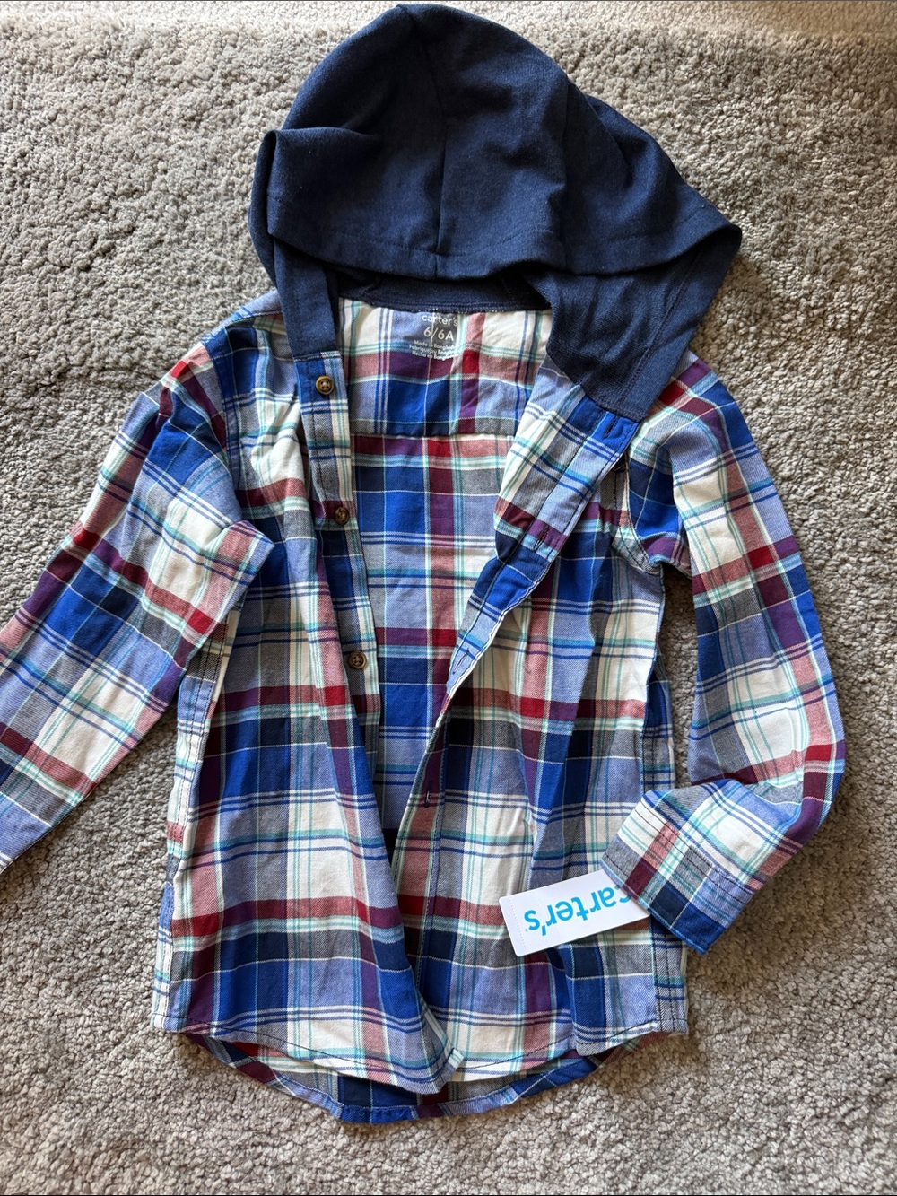 Carter's Blue, Red & White Plaid Hooded Button-Down Shirt